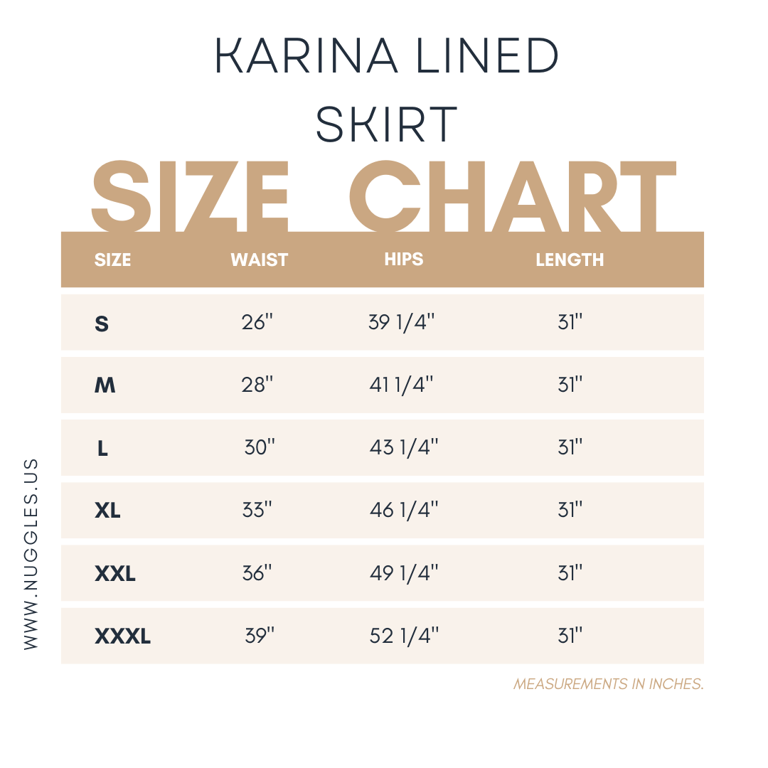 Nuggles® Karina Lined Lace Skirt size chart with waist, hip, and length measurements in inches for all available sizes.