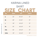 Nuggles® Karina Lined Lace Skirt size chart with waist, hip, and length measurements in inches for all available sizes.