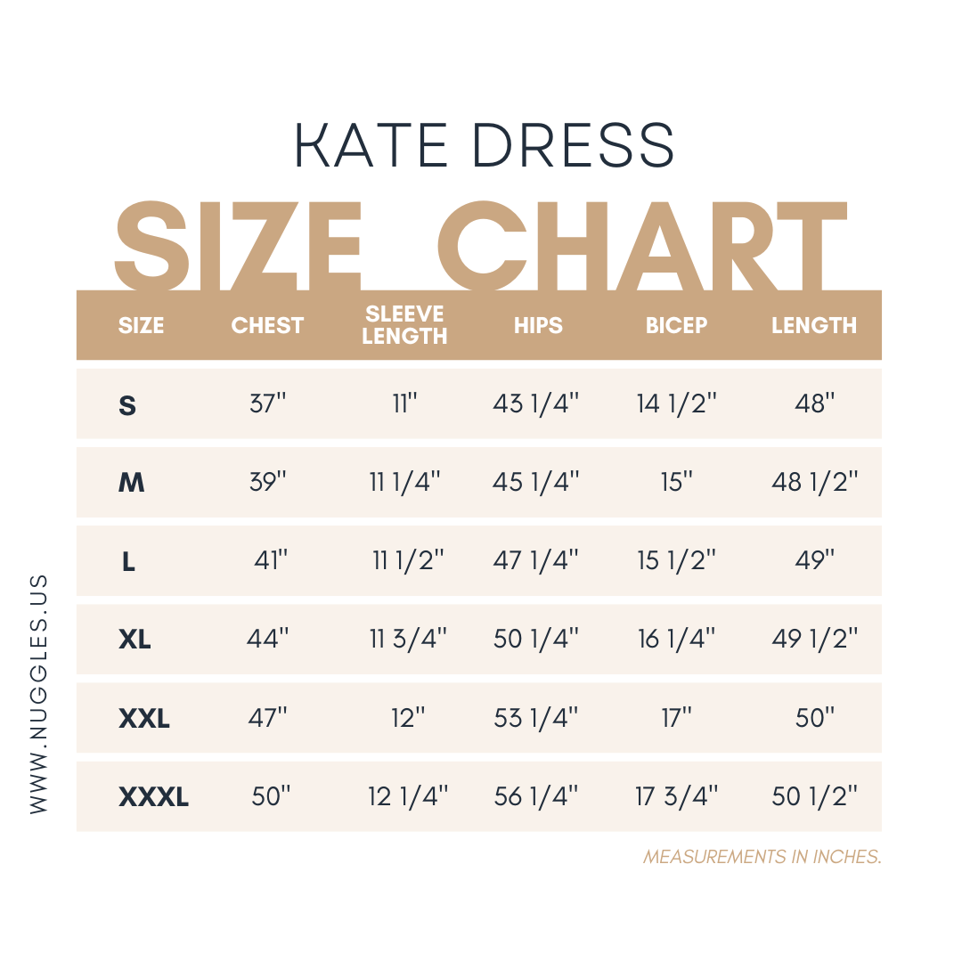Nuggles® Kate Dress size guide showing measurements and fit details for each size.