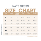Nuggles® Kate Dress size guide showing measurements and fit details for each size.