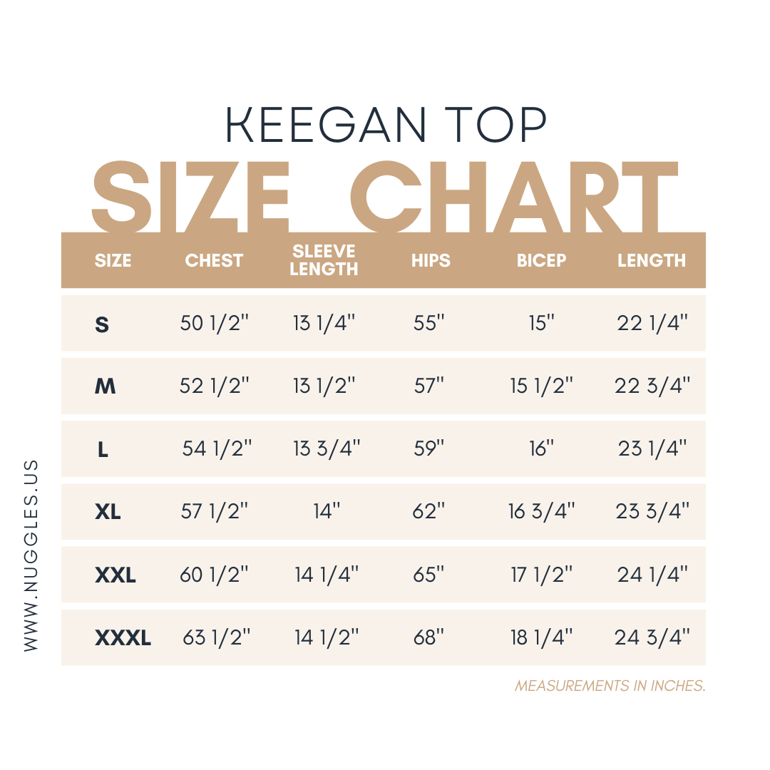 Size chart for Nuggles® Keegan Top with measurements in inches