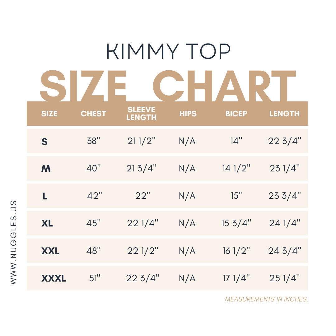 Nuggles® Kimmy Top size chart – measurements for bust, waist, and length