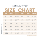 Nuggles® Kimmy Top size chart – measurements for bust, waist, and length
