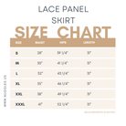 Nuggles® Lace Panel Skirt size chart with waist, hip, and length measurements for modest midi skirt.