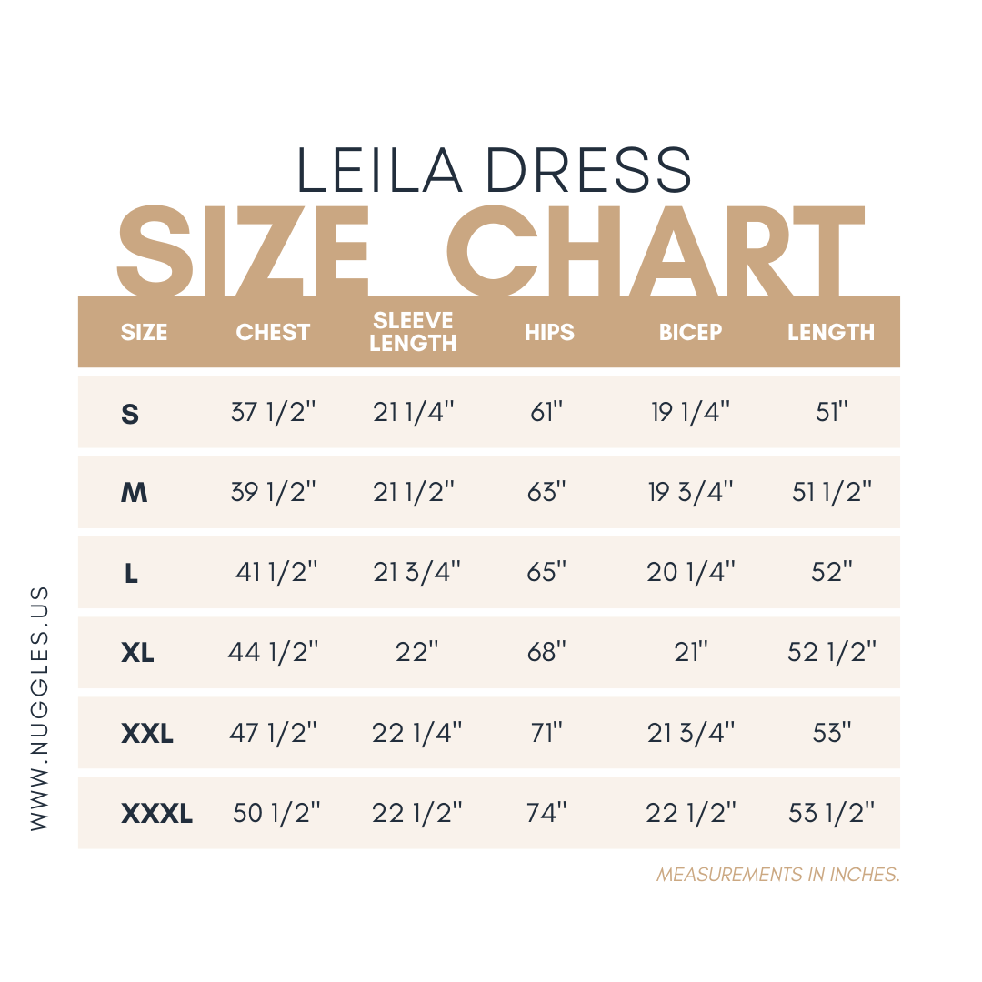 Size chart for Nuggles® Leila Dress with measurements in inches 
