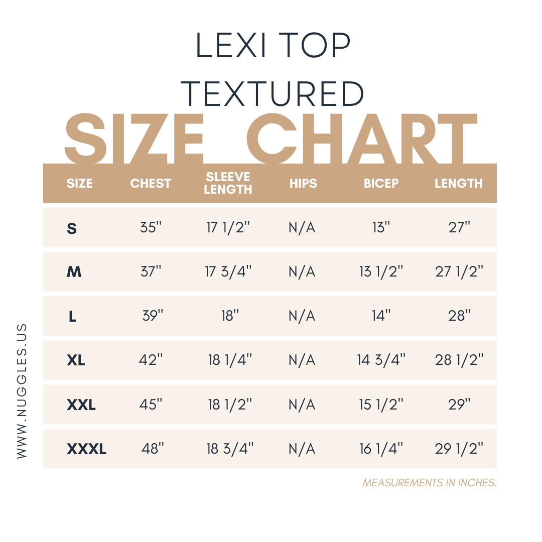 Lexi Top size chart – modest women’s tunic top sizing guide by Nuggles®, includes measurements for chest, waist, hips, and length
