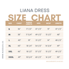 Liana Dress size chart with chest, sleeve, hip, bicep, and length measurements for sizes S to XXXL – Nuggles Clothing