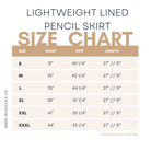 Nuggles® size chart for Lightweight Lined Pencil Skirt showing waist, hip, and length measurements by size.