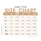 Size chart for Nuggles® Mae Top with measurements for bust, waist, and hip