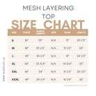 Nuggles® Mesh Layering Top size chart with bust and length measurements for girls and women, modest layering tee sizing guide