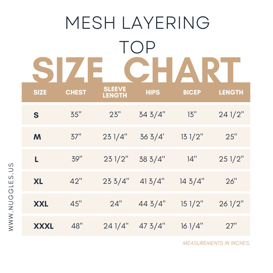 Size chart for Nuggles® Mesh layering Top with measurements in inches 