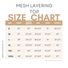 Size chart for Nuggles® Mesh layering Top with measurements in inches 