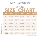 Size chart for Nuggles® Original Style Midi Layering Dress with measurements for bust, waist, hips, and dress length in inches.