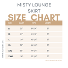 Size chart for Nuggles®  Misty Lounge Skirt with detailed waist, hip, and length measurements for each size.