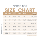 Size chart for the Nuggles® Norie Top – measurements for bust, waist, and length in inched