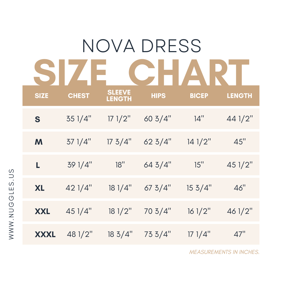 Size chart for Nuggles® Nova Dress with measurements in inches 