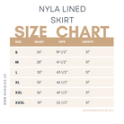 Detailed sizing guide for the Nuggles® Nyla Lined Skirt, a modest everyday lined skirt, showing waist, hip, and length measurements.