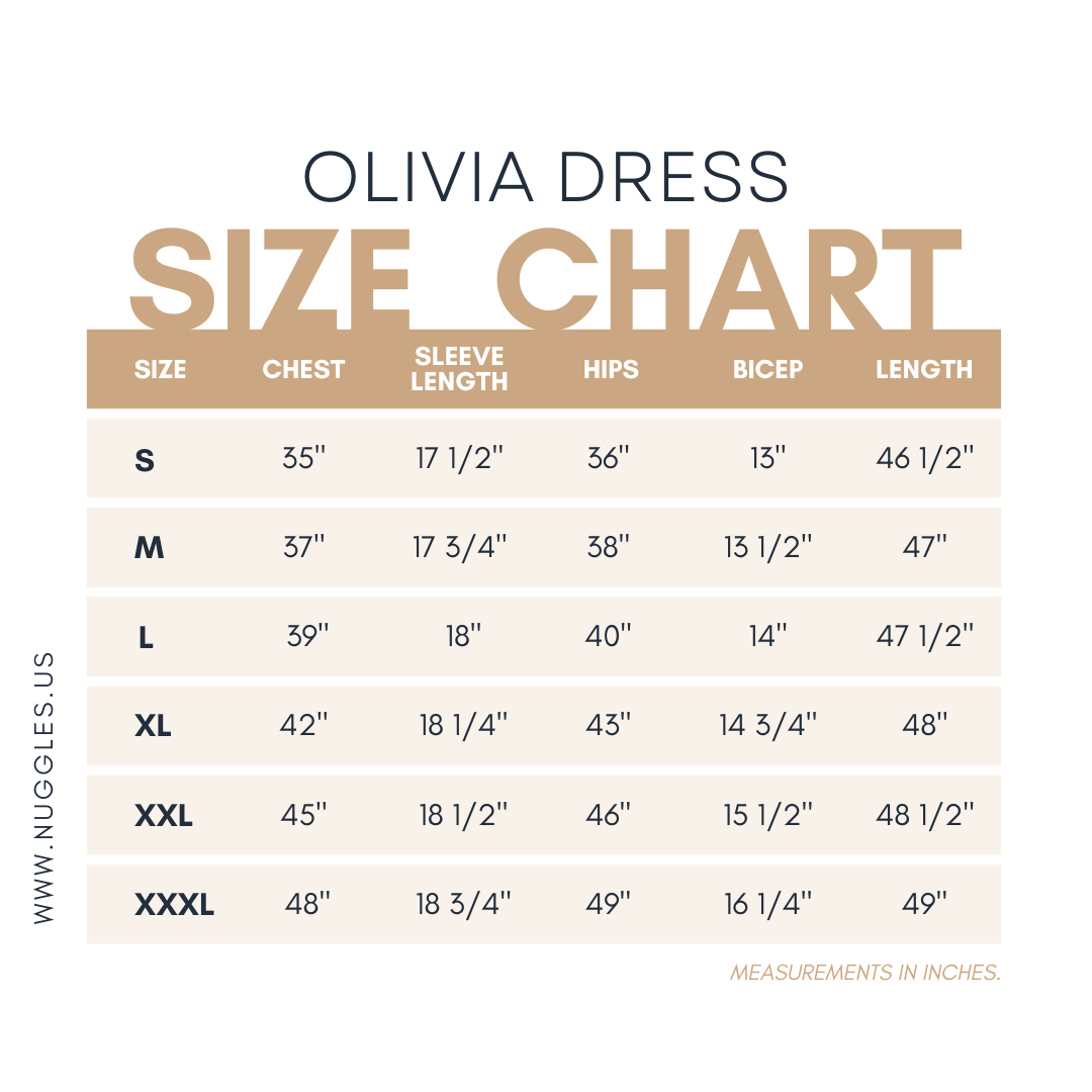 Olivia Dress size chart with measurements for bust, waist, hip, and length – helps ensure accurate fit before ordering