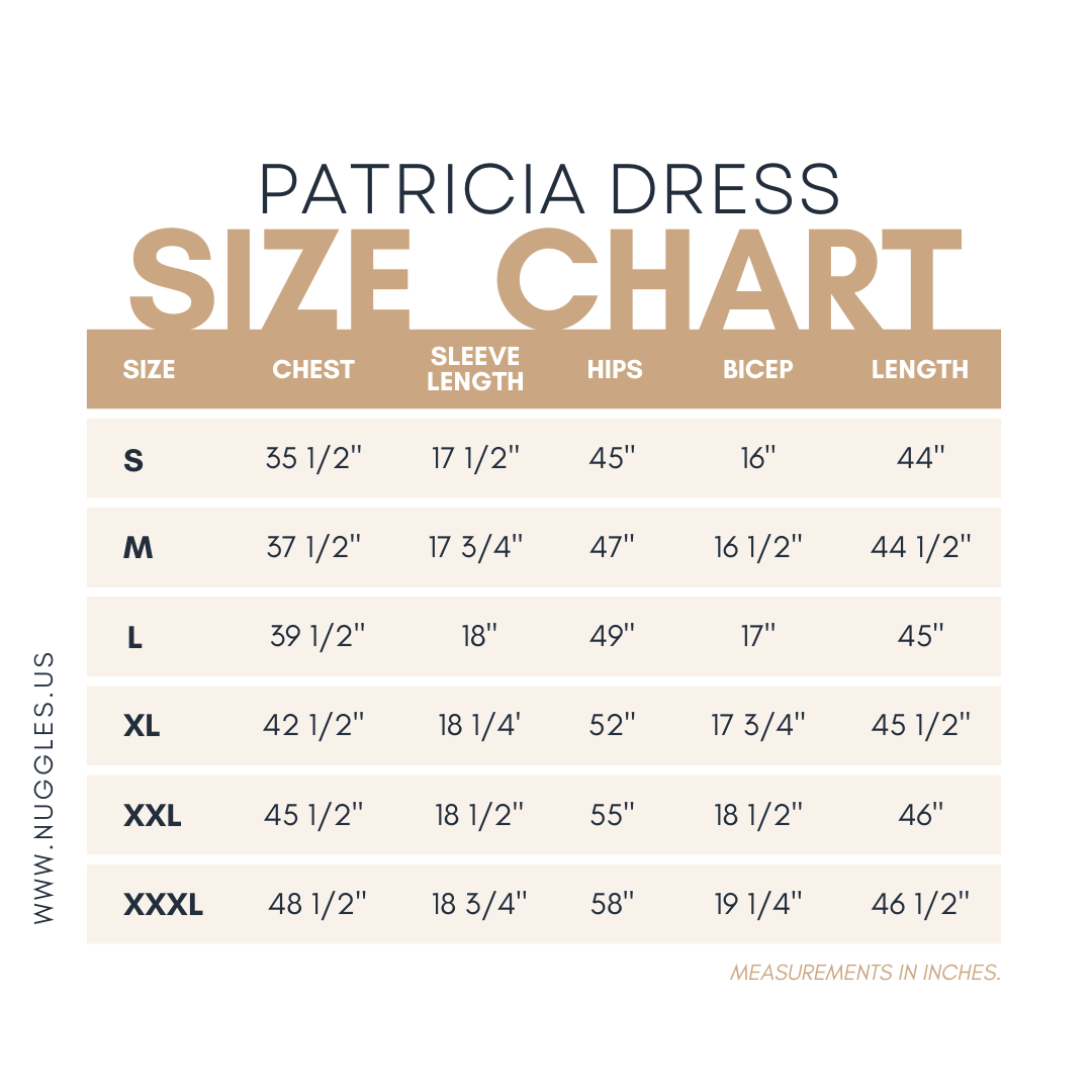 Size chart for the Nuggles® Patricia Dress with measurements in inches.