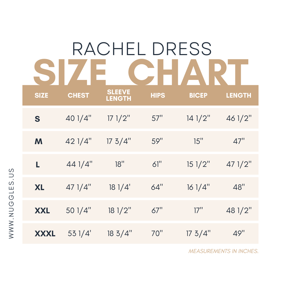 Size chart for Nuggles®Rachel Dress with measurements in inches