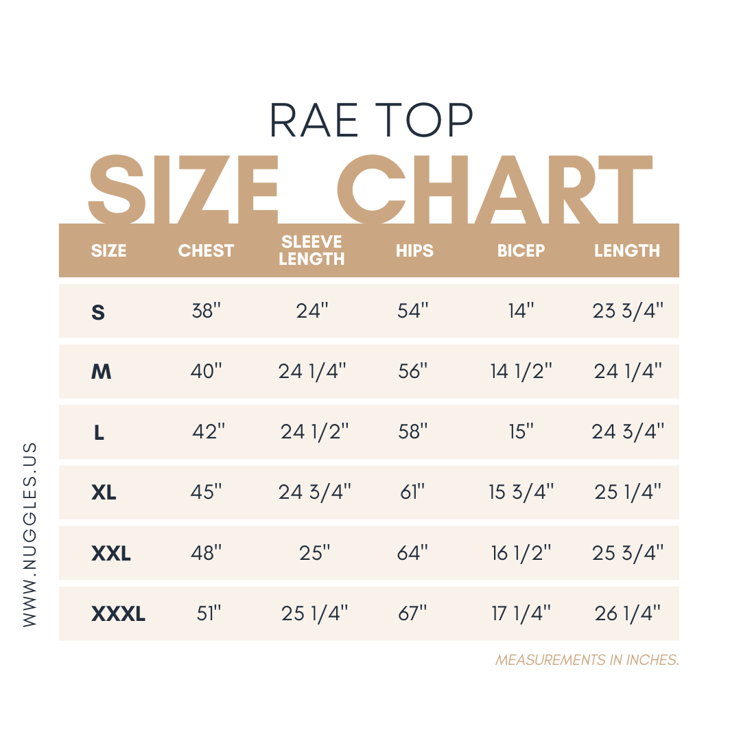 Size chart for Nuggles® RAE Top with measurements in inches 