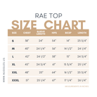 Size chart for Nuggles® RAE Top with measurements in inches 