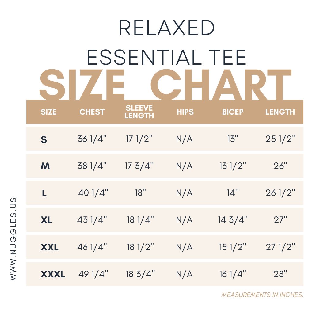 Nuggles® Relaxed Essential Tee size chart with measurements