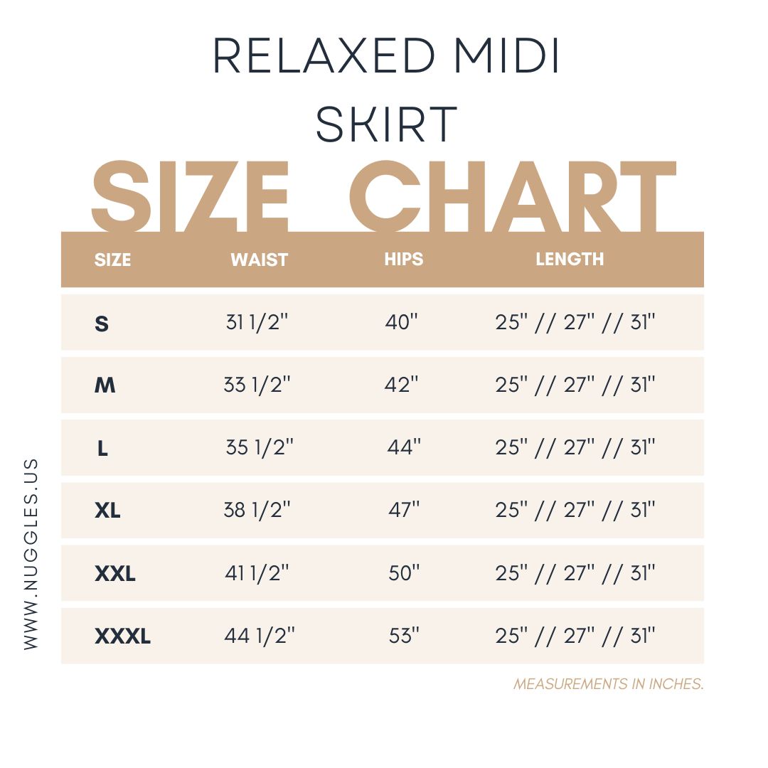 Size chart for Nuggles® Relaxed Midi Skirt with measurements in inches 