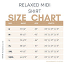 Size chart for Nuggles® Relaxed Midi Skirt with measurements in inches 