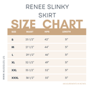 Nuggles® Renee Slinky Skirt size chart with waist, hip, and length measurements for modest midi skirt sizing.