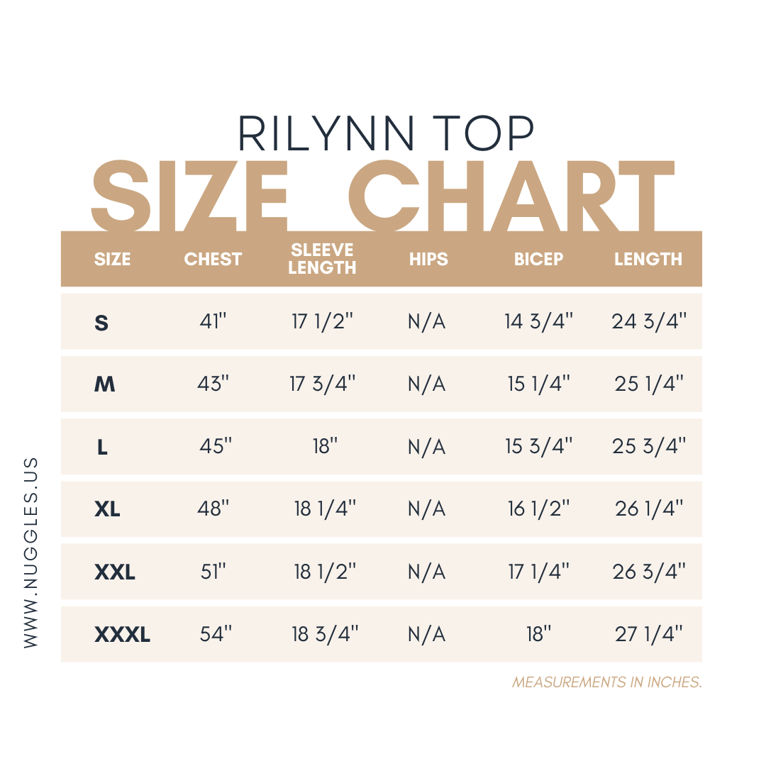 Rilynn Top by Nuggles® sizing guide with measurement chart for accurate fit