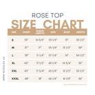 Nuggles® Rose Top size chart – women’s modest tunic top measurements including chest, sleeve length, hips, bicep, and overall length for sizes S to XXXL.