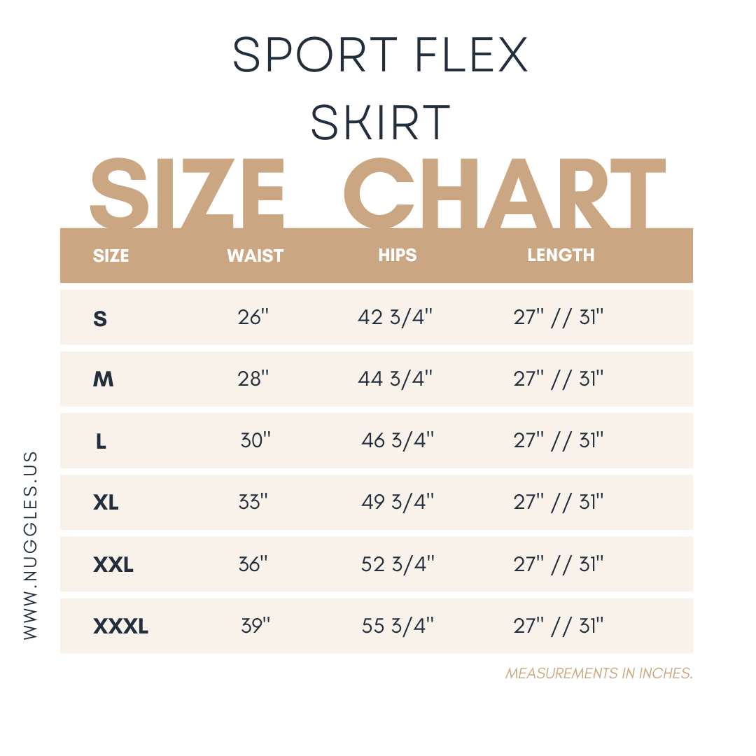Nuggles® size chart showing measurements for Sport Flex Skirt size small to 3x.