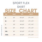 Nuggles® size chart showing measurements for Sport Flex Skirt size small to 3x.
