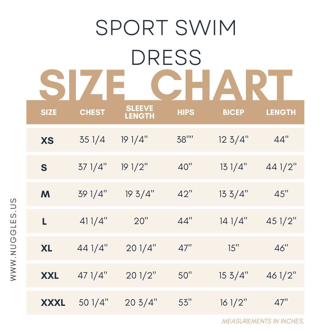 Size chart for Nuggles® Sport Swim Dress with measurements in inches 