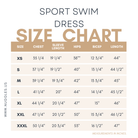 Size chart for Nuggles® Sport Swim Dress with measurements in inches 
