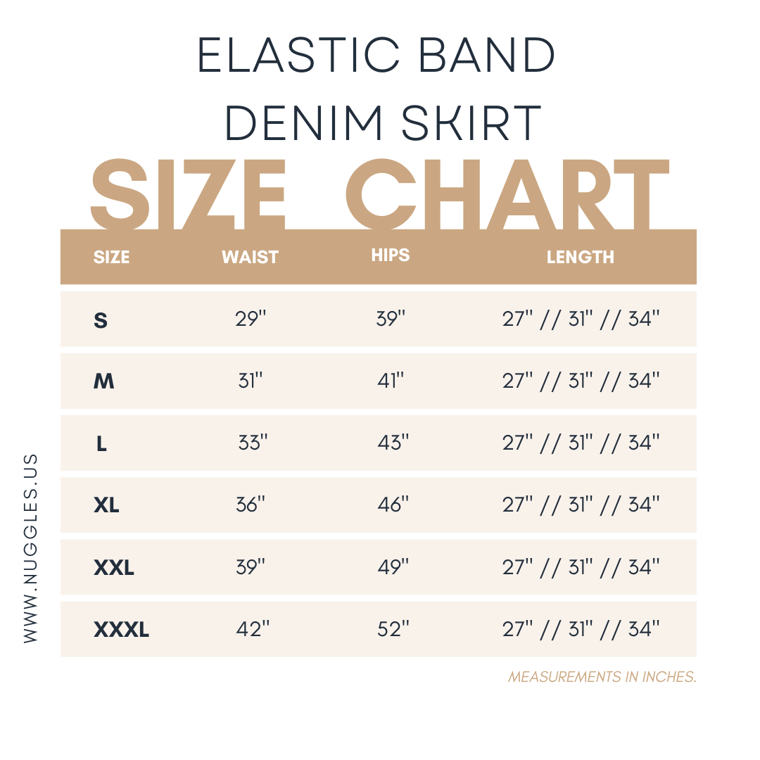 Size chart for Nuggles® Denim Skirt showing waist, hip, and length measurements for sizes S to XXXL in inches.