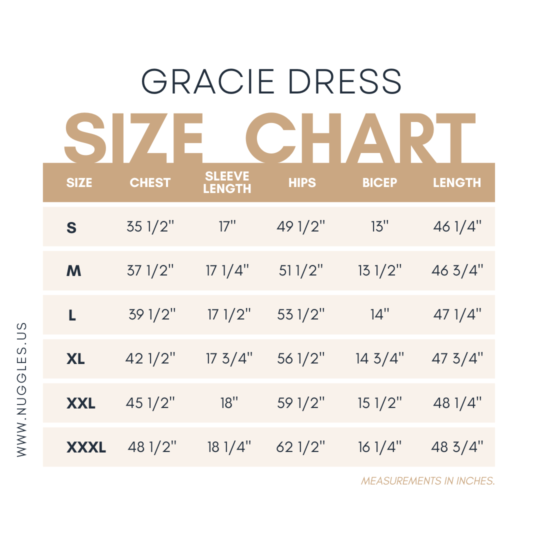 Nuggles® Gracie Dress size chart showing detailed measurements for bust, waist, hips, and length.