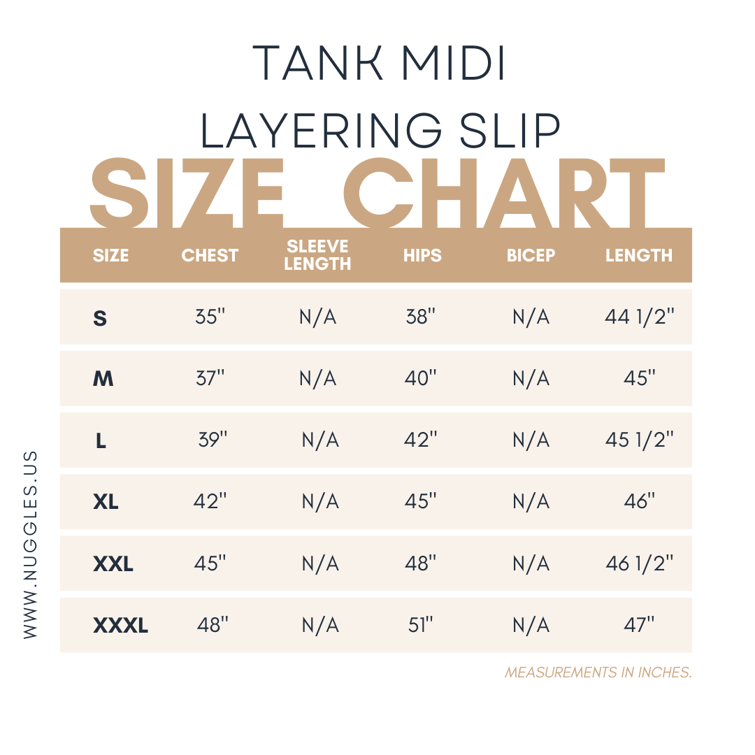 Size chart for women’s modest tank slip dress – detailed measurements for bust, waist, hip, and length in inches