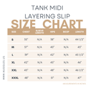 Size chart for women’s modest tank slip dress – detailed measurements for bust, waist, hip, and length in inches