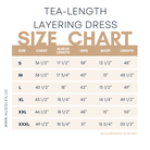 Size chart for Nuggles® Tea-Length Layering Dress with measurements for bust, waist, hips, and dress length in inches.