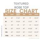 Women's modest clothing size chart for Nuggles Rose Top – bust, length, and hip measurements in inches