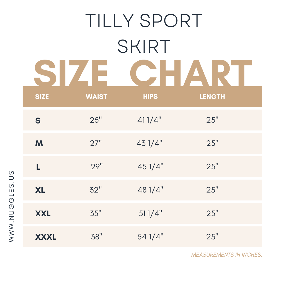 Size chart for Nuggles® Tilly Sport Skirt with measurements in inches 
