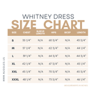 Whitney Layering Dress size chart showing chest, hip, and length measurements for sizes S to XXXL, with measurements in inches.
