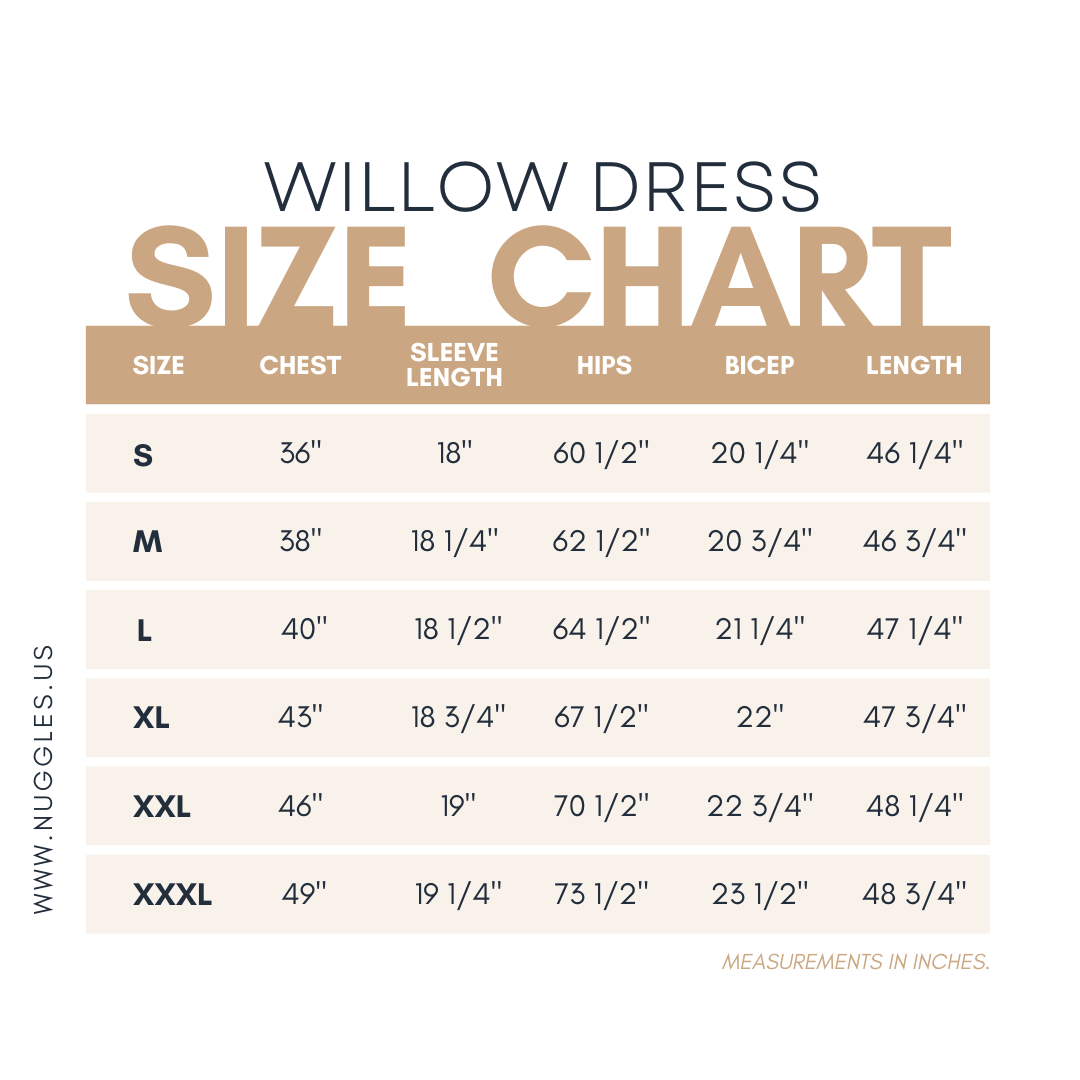 Nuggles® Willow Solid Colors Dress size chart with measurements for bust, waist, length, and sleeve to help choose the perfect modest fit