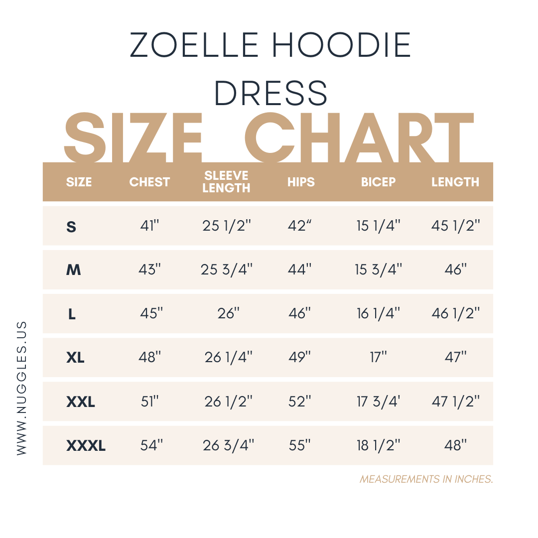 Zoelle Hoodie Dress size guide – Nuggles modest women’s dress sizing.