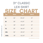 Nuggles® size chart for our 31" Lexi Skirt in inches