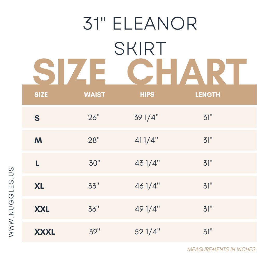Size chart for Nuggles® 31' Eleanor Skirt with measurements in inches