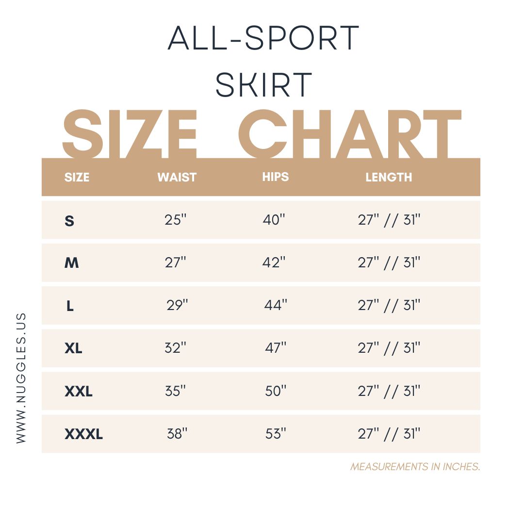 Size chart for Nuggles® All-Sport Skirt with measurements in inches 