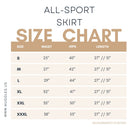 Size chart for Nuggles® All-Sport Skirt with measurements in inches 